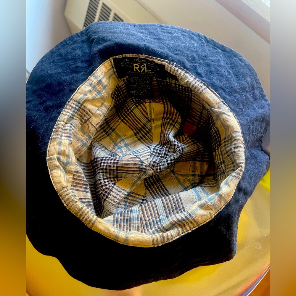 Vintage RRL Ralph Lauren Navy Blue Linen Bucket Hat with Plaid Lining